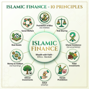 Infographic showing 10 principles of Islamic finance