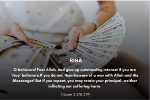 Hands holding cash with a message about riba (interest) in Islam
