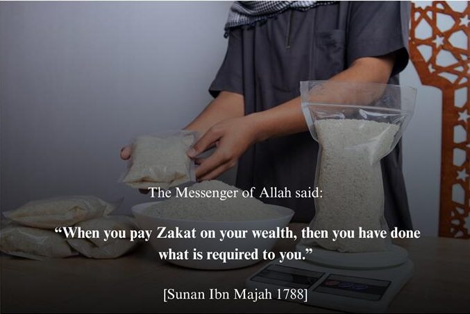 Person measuring rice with a message about zakat in Islam