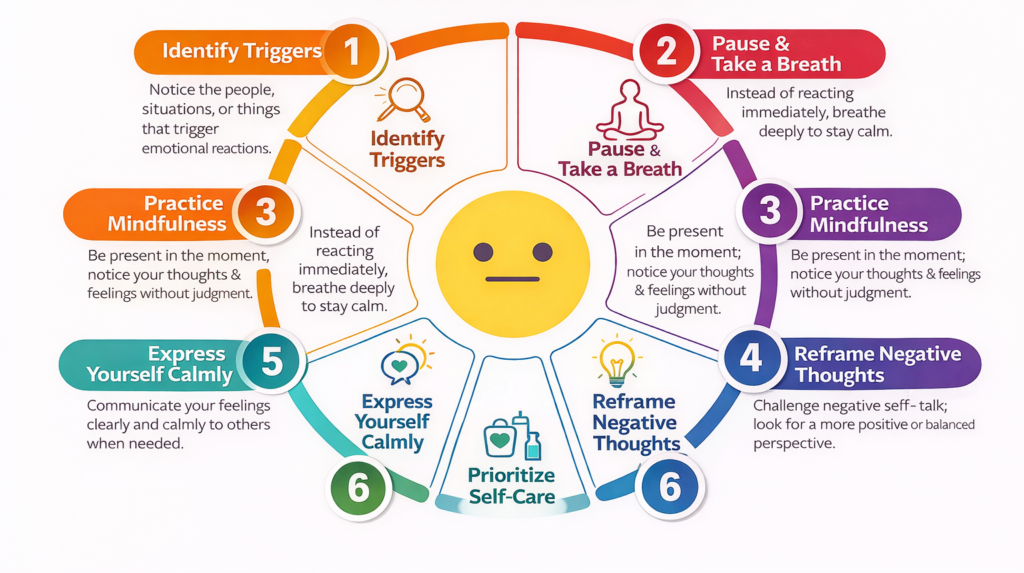Infographic showing six steps to manage emotions: identify triggers, pause and breathe, practice mindfulness, reframe negative thoughts, express yourself calmly, and prioritize self-care.