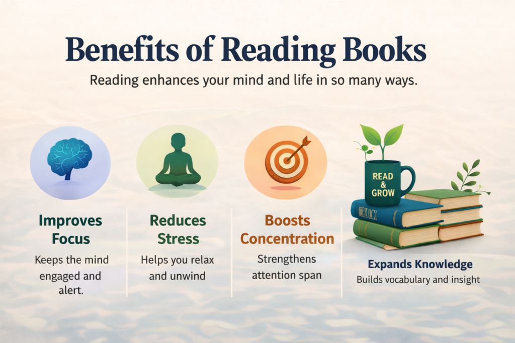 Benefits of reading books illustration showing improved focus, reduced stress, better concentration, and expanded knowledge
