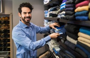 Smiling male owner arranging shirts in rack at showroom